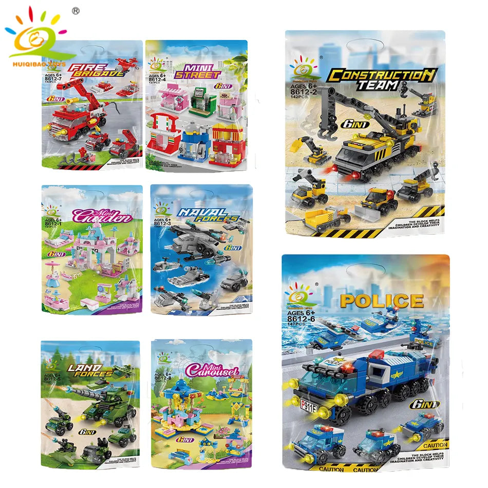 HUIQIBAO 6IN1 City Fire Car Police Truck Engineering Crane Building Blocks Tank Helicopter Bricks Set Toys for Children Kids