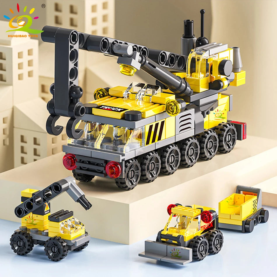 HUIQIBAO 6IN1 City Fire Car Police Truck Engineering Crane Building Blocks Tank Helicopter Bricks Set Toys for Children Kids