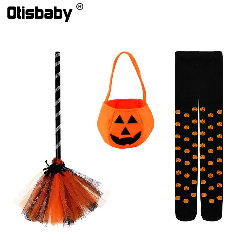 Children Girls Halloween Cosplay Witch Costume Teens Baby Girl Gown Infant Witch Dress Clothing Set Hat Pumpkin Bag