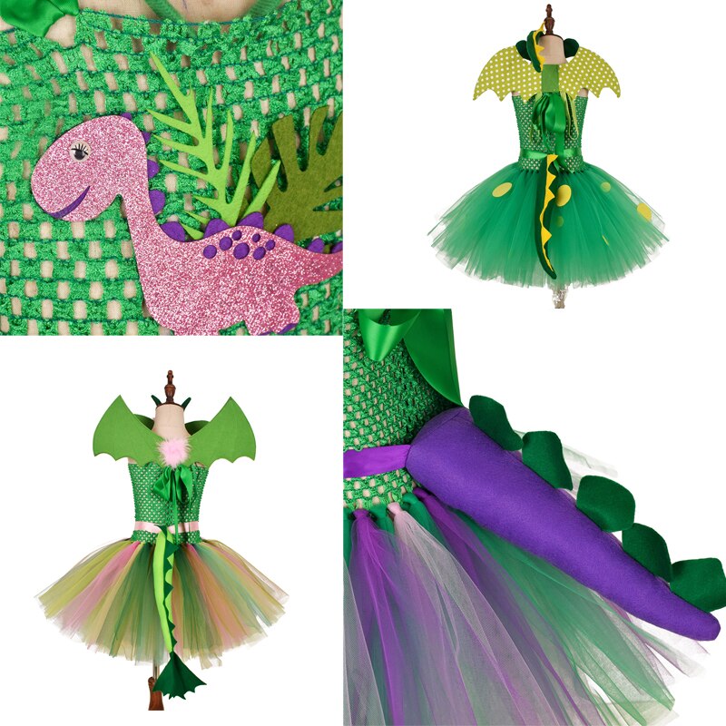 New Kids Halloween Mesh Tutu Dress Girl Dinosaur Cosplay Costume with Headband Wings Tail