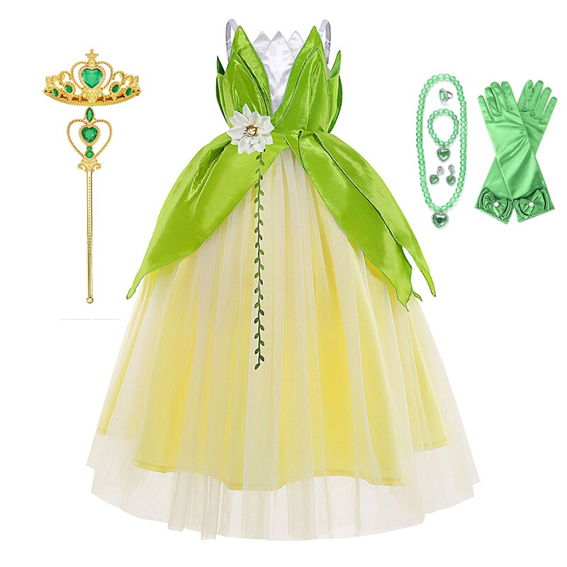 Disney Tiana Princess Dresses Girl Cosplay The Princess And The Frog Flower Off Shoulder Clothes for Kids Birthday Party Costume