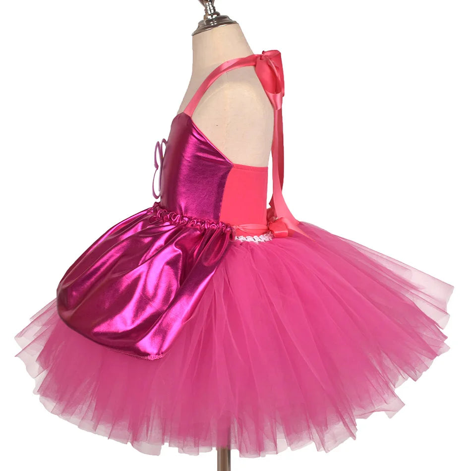 Princess Girls Rosy Knee Length Barbi Tutu Dresses for Girl Birthday Party Halloween Christmas Costumes Margot Robbie Cosplay