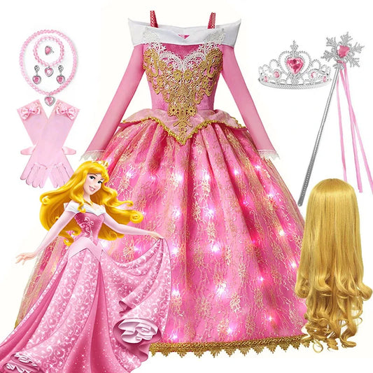 LED Girls Sleeping Beauty Cosplay Dress Aurora Princess Halloween Party Dress Kid Elegant Gown Floral Rose Print Sling Frocks