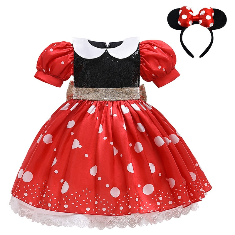 Mickey Minnie Dress Girls Cosplay Cartoon Costume Summer Short Sleeve Polka Dot Puff Sleeve Princess Dress