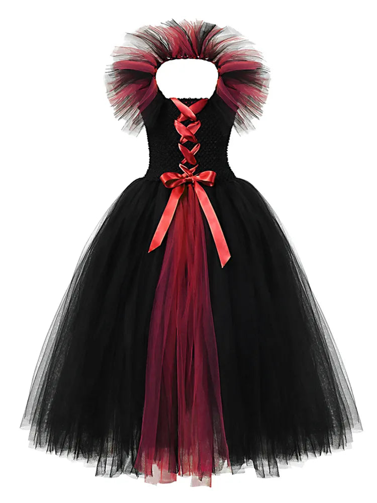 Disney Halloween Red Black Maleficent Costume Tutu Dress For Girls With Headband Carnival Party Villain Evil Queen Clothes 2-12T