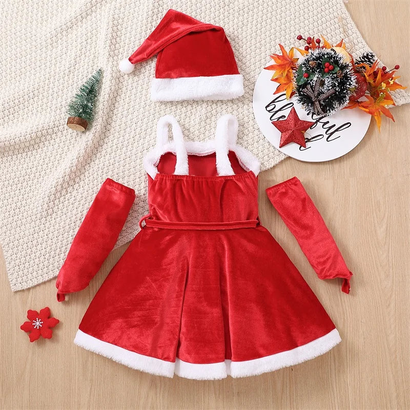 Toddler Newborn Baby's Clothes Girls Christmas Santa Costume Sleeveless Belted Dress Gloves Hat Set Children's Clothing Winter