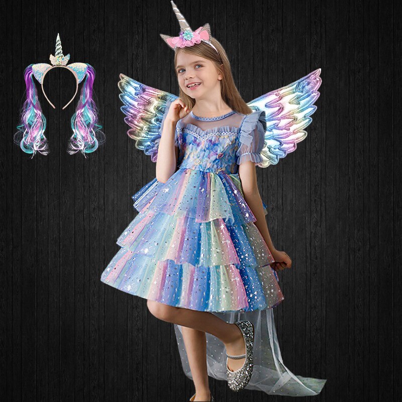 Halloween Fancy Girls Rainbow Shiny Tulle Unicorn Dress + Long Cloak