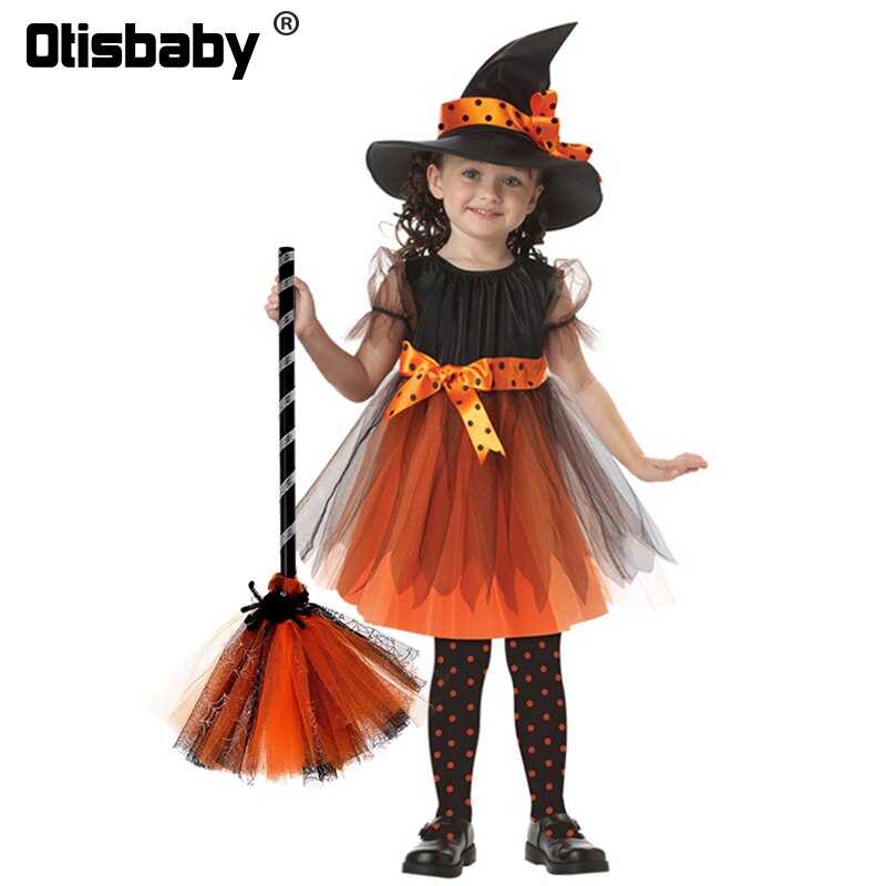 Children Girls Halloween Cosplay Witch Costume Teens Baby Girl Gown Infant Witch Dress Clothing Set Hat Pumpkin Bag