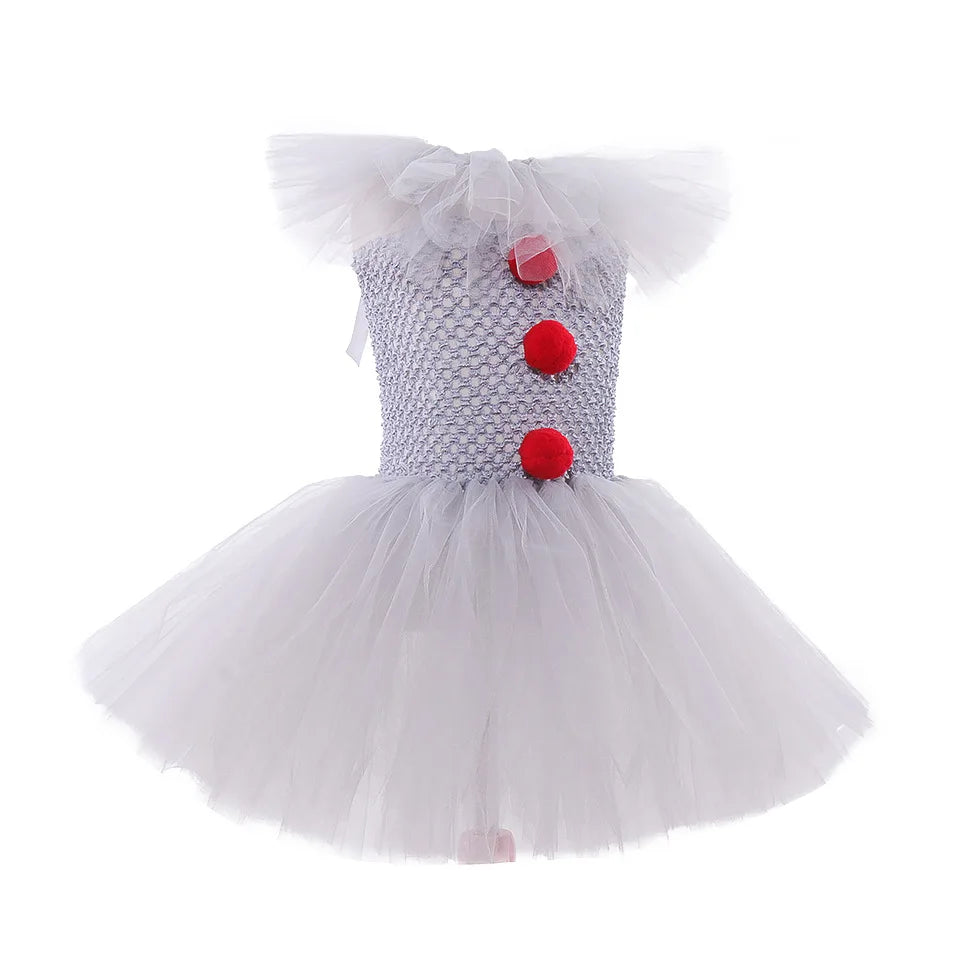 Halloween Gray Joker Cosplay Dress Girls Costume Tutu Dress Creepy Clown Children Tulle Fancy Dress Kids Carnival Party Clothing