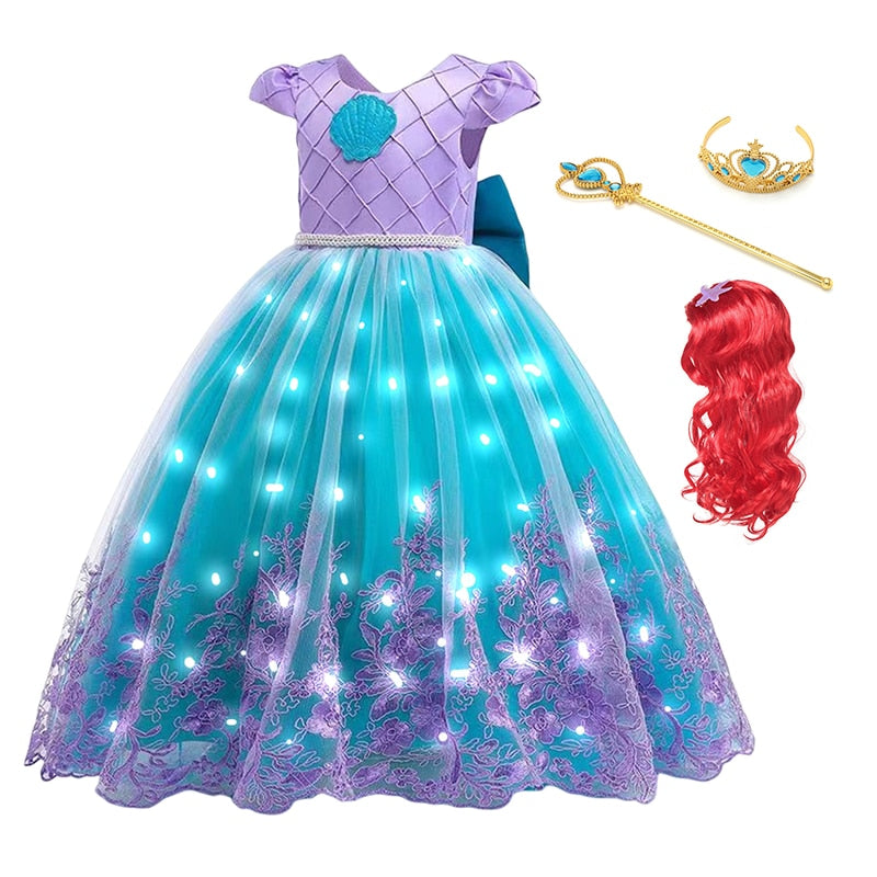 Disney Girls Little Mermaid Ariel Princess Dresses Led Light up Kids Costume Carnival Party Children Halloween Dress Up Clothes