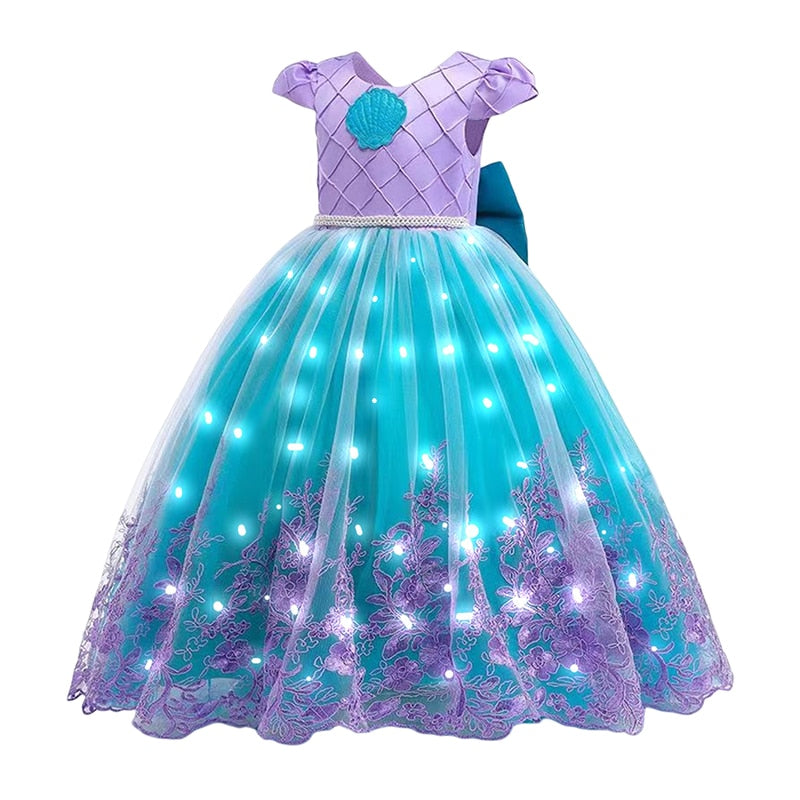 Disney Girls Little Mermaid Ariel Princess Dresses Led Light up Kids Costume Carnival Party Children Halloween Dress Up Clothes