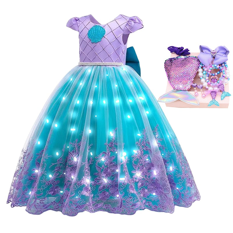 Disney Girls Little Mermaid Ariel Princess Dresses Led Light up Kids Costume Carnival Party Children Halloween Dress Up Clothes