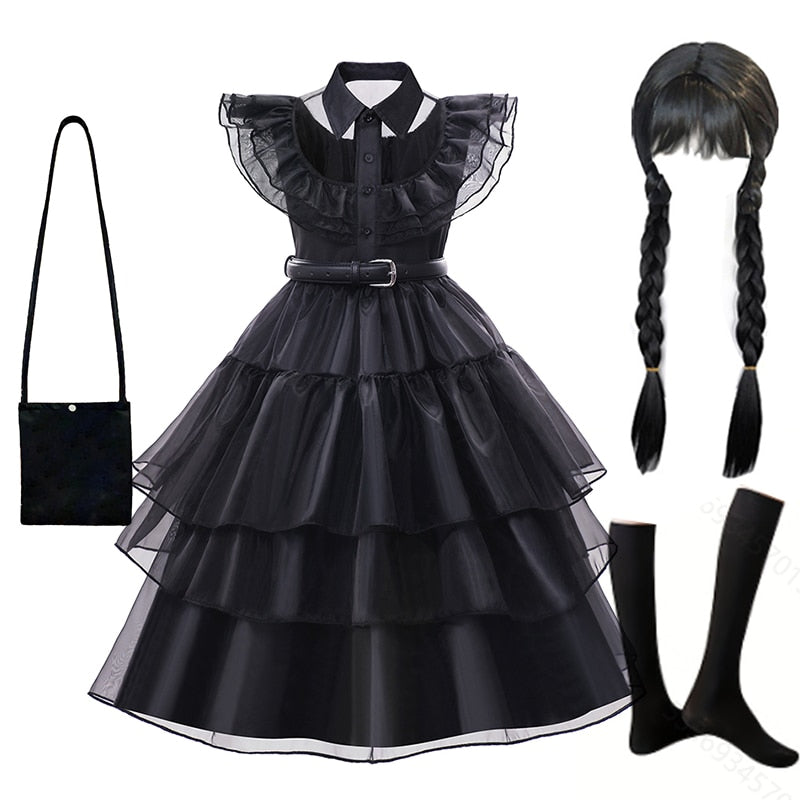 Wednesday Cosplay Princess Dress For Girls Costume 2023 Halloween Tie Tulle TuTu Dresses Black Gothic Kids Evening Party Clothes