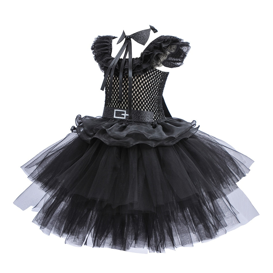 Wednesday Cosplay Princess Dress For Girls Costume 2023 Halloween Tie Tulle TuTu Dresses Black Gothic Kids Evening Party Clothes