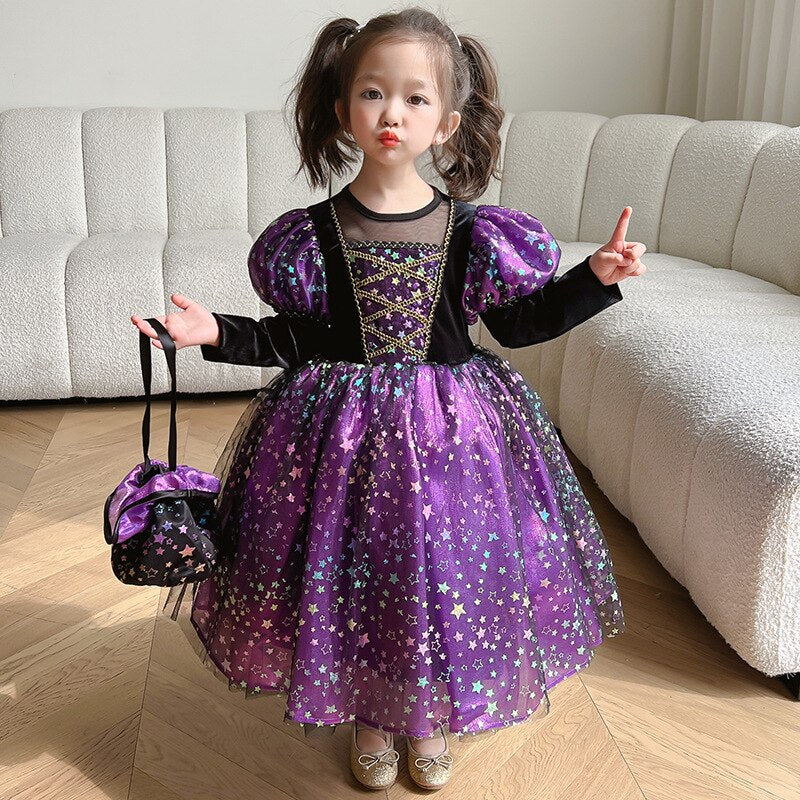 Luxury Winter Halloween Girls Purple Witch Costume Dresses with Props