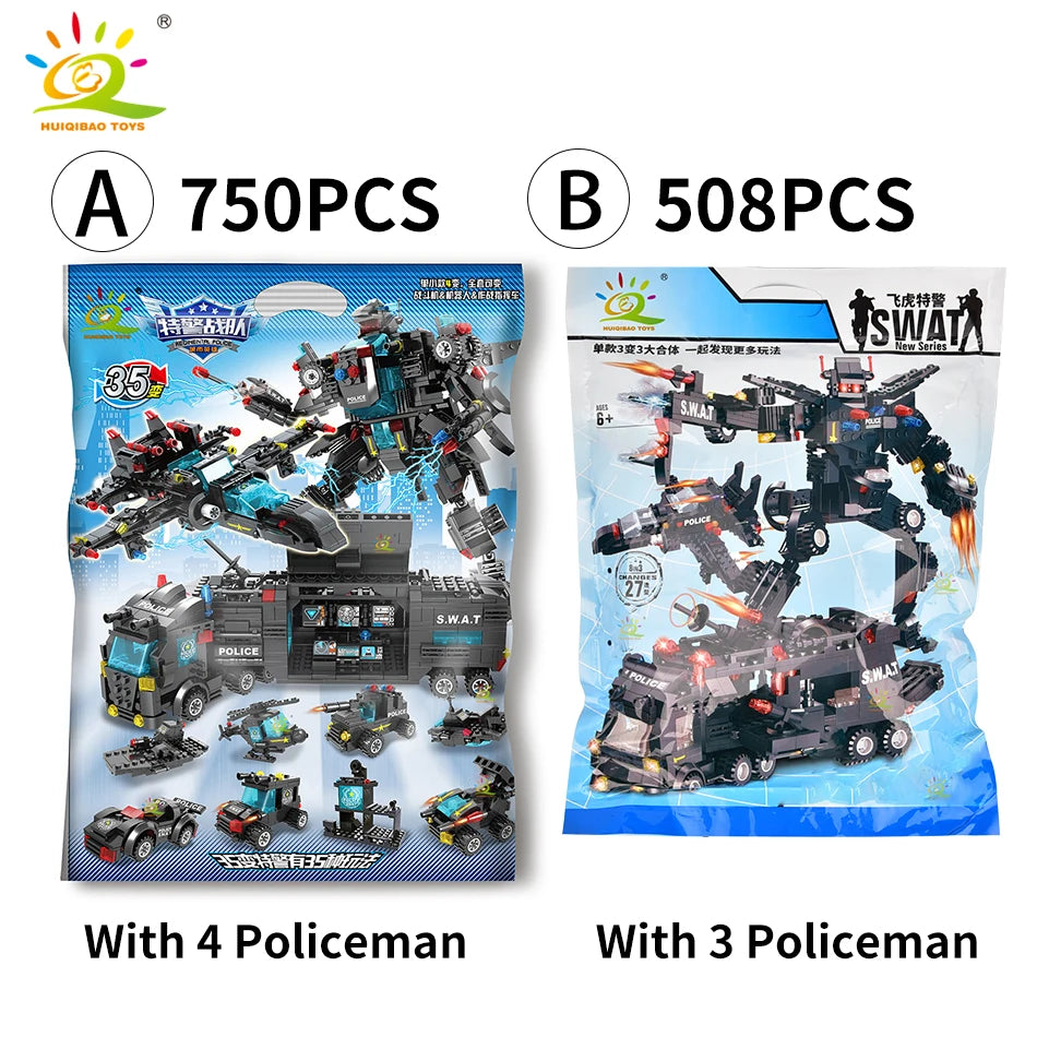 HUIQIBAO SWAT Police Station Truck Model Building Blocks City Machine Helicopter Car Figures Bricks Educational Toy For Children