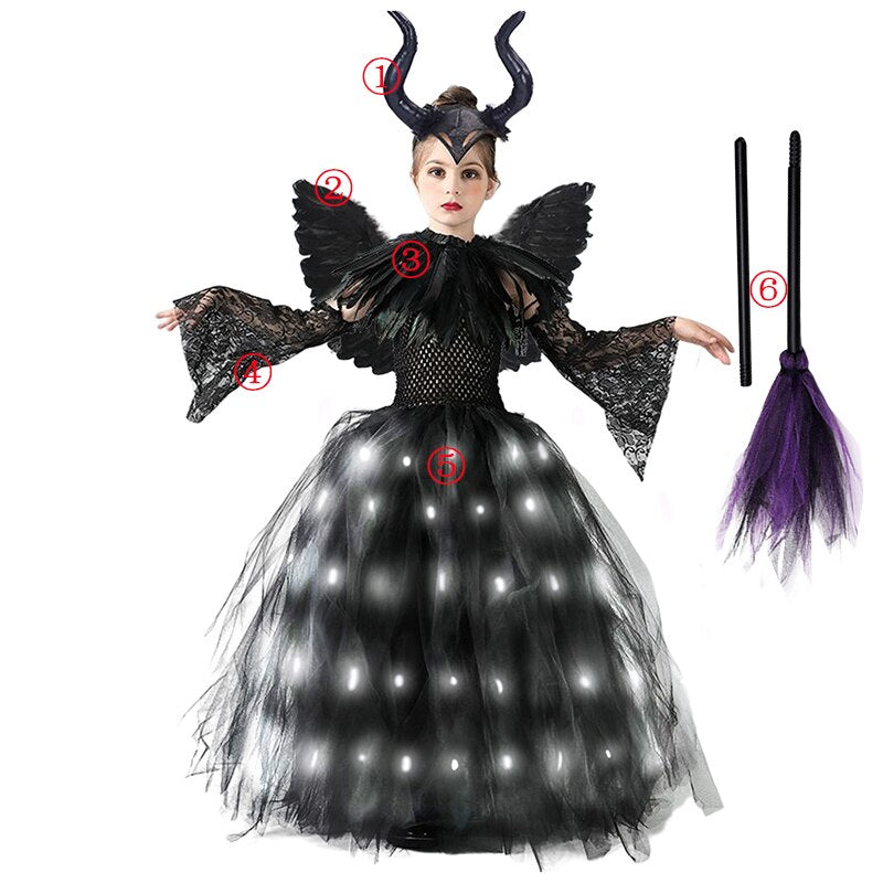 Disney Halloween Costume for Kids LED Light up Maleficent Tutu Dress For Girls Cosplay Evil Queen Black Mesh Princess Dress