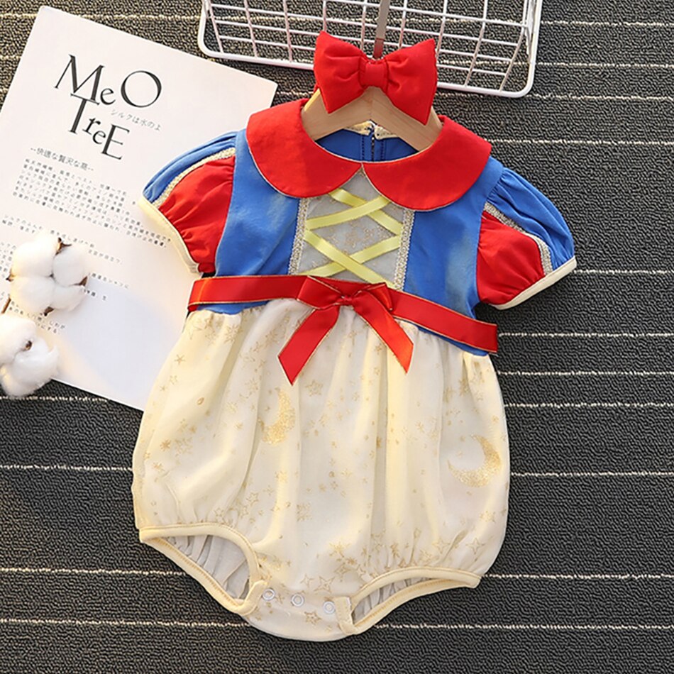 Disney Snow White Princess Newborn Baby Girls Romper Bow Ruffles Jumpsuit Sunsuit Birthday Party Baby Girls Clothes Costumes