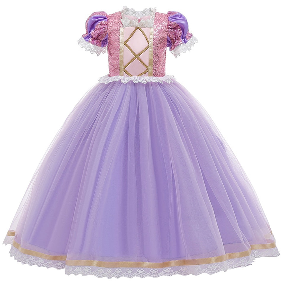 Disney Girls Cosplay Tangled Rapunzel Princess Dresses Kids Costume Fancy Purple Luxury Mesh Clothes Birthday Party Ball Gown