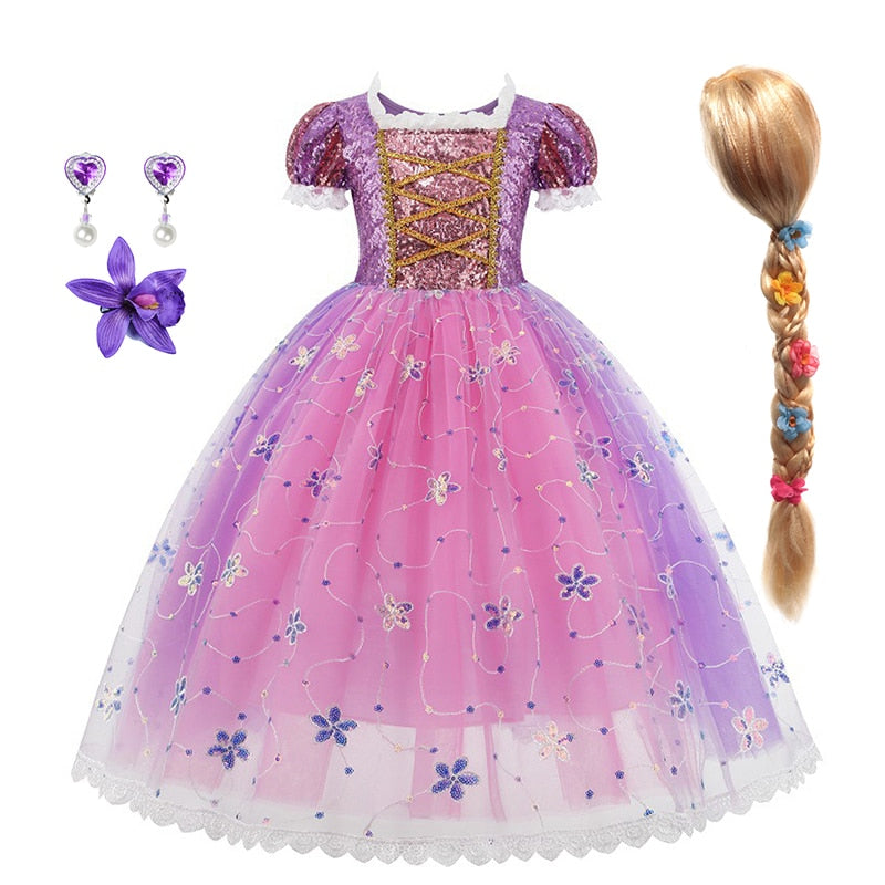 Disney Girls Cosplay Tangled Rapunzel Princess Dresses Kids Costume Fancy Purple Luxury Mesh Clothes Birthday Party Ball Gown