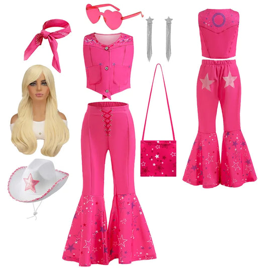 Movie Barbi Costume for Toddler Girls Margot Robbie Barbe Pink Top and Flared Trousers Suit Kids Halloween Birthday Party Clothe