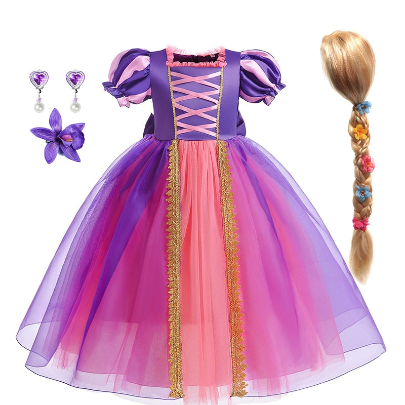 Disney Girls Cosplay Tangled Rapunzel Princess Dresses Kids Costume Fancy Purple Luxury Mesh Clothes Birthday Party Ball Gown