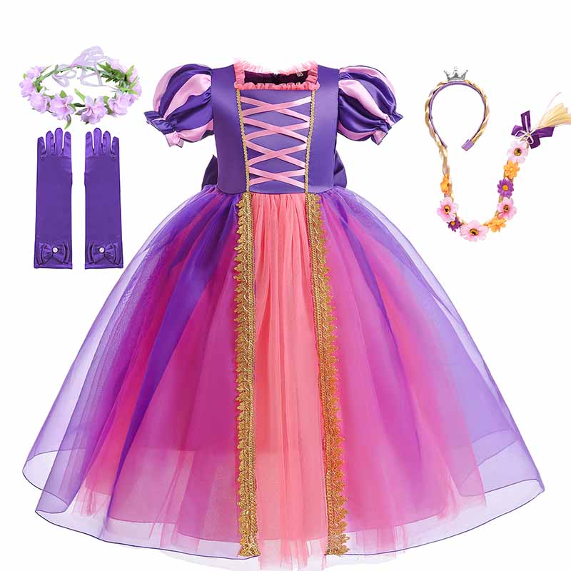 Disney Girls Cosplay Tangled Rapunzel Princess Dresses Kids Costume Fancy Purple Luxury Mesh Clothes Birthday Party Ball Gown