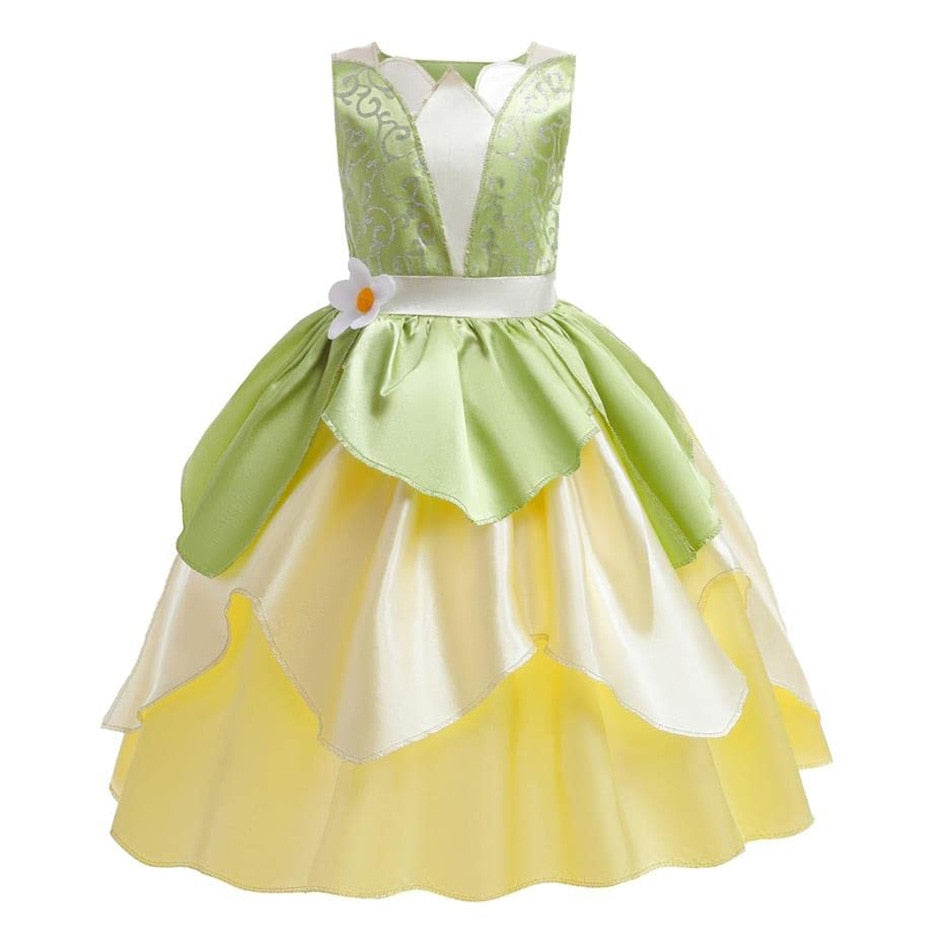 Disney Tiana Princess Dresses Girl Cosplay The Princess And The Frog Flower Off Shoulder Clothes for Kids Birthday Party Costume