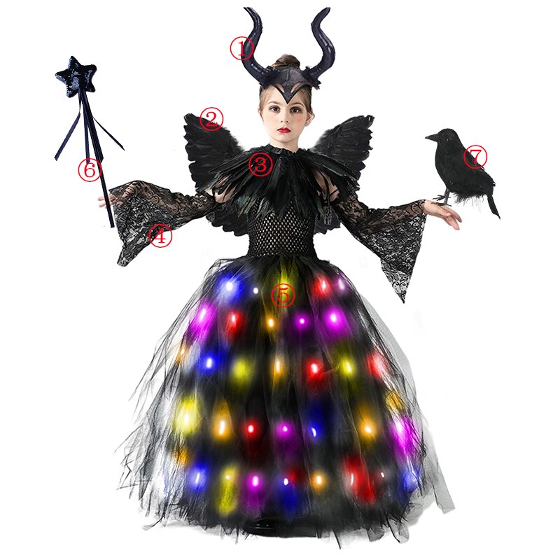 Disney Halloween Costume for Kids LED Light up Maleficent Tutu Dress For Girls Cosplay Evil Queen Black Mesh Princess Dress