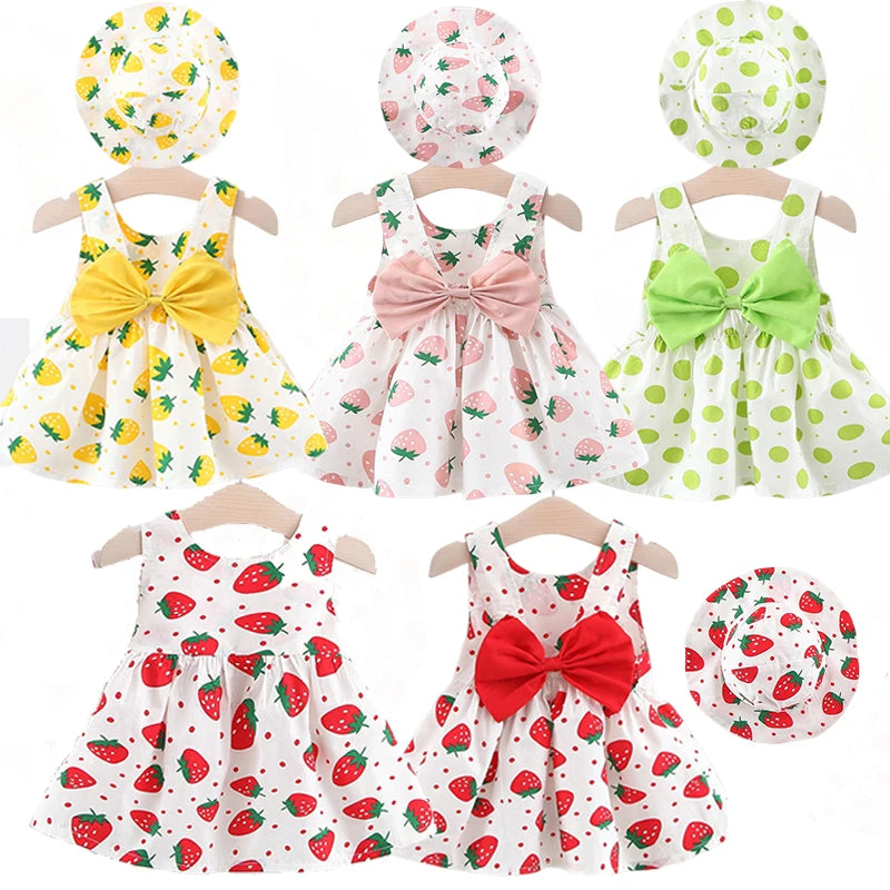 Girls Strawberry Print Dresses With Hat Baby Girls Summer Casual Sleeveless Beauty Flower Print  Dresses  2024 Children Clothing