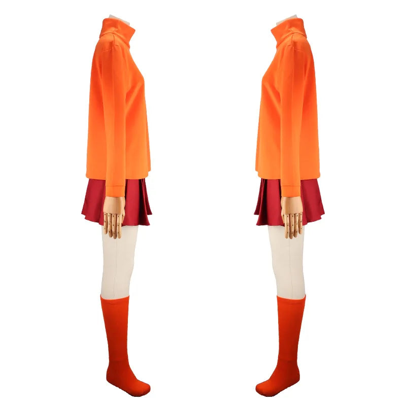 Anime Velma Seragam Cosplay Kostum Orange Short Skirt Uniform Wanita Oranye Kaus Kaki Rok Atas Halloween Party Carnival Set