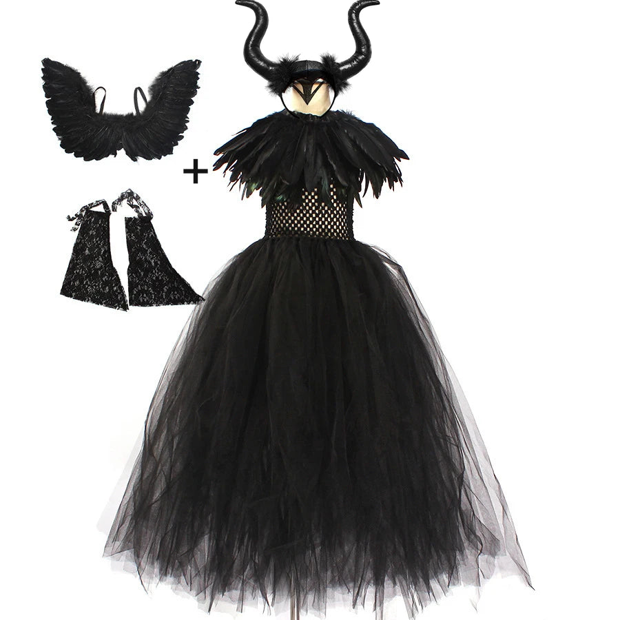 Girls Halloween Cosplay Costume Maleficent Tutu Wednesday Dresses For Girls Cosplay Evil Queen Black Mesh Princess Dress Vestido