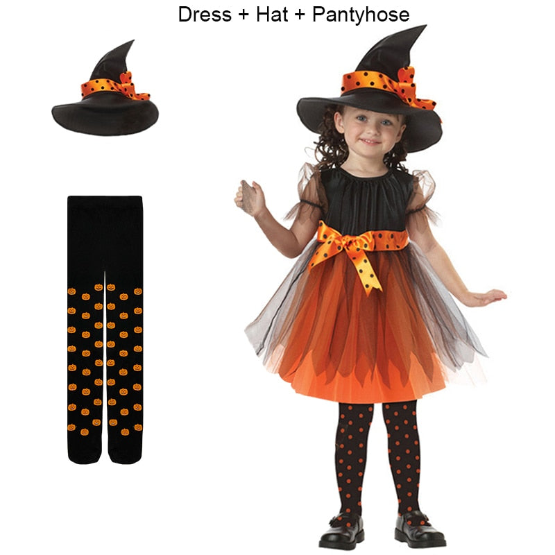 Children Girls Halloween Cosplay Witch Costume Teens Baby Girl Gown Infant Witch Dress Clothing Set Hat Pumpkin Bag