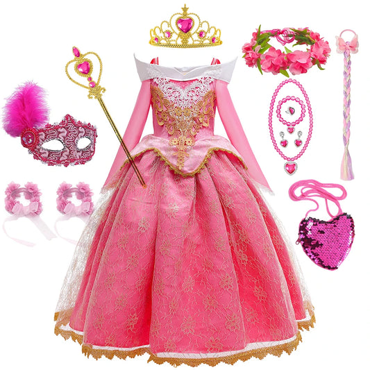 Aurora Cosplay Costume Sleeping Beauty Girl Princess Dress Child Birthday Theme Party Long Sleeve Off Shoulder Elegant Ball Gown