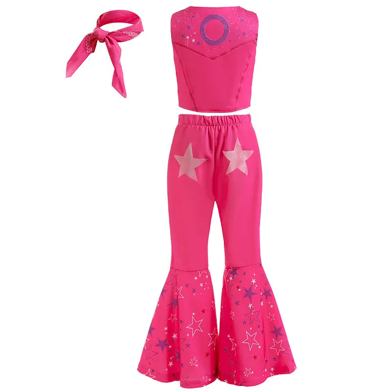 Girls New Movie Barbi Costume Margot Robbie Barbe Pink Top+Trousers Kids Halloween Cospaly Children Clothes