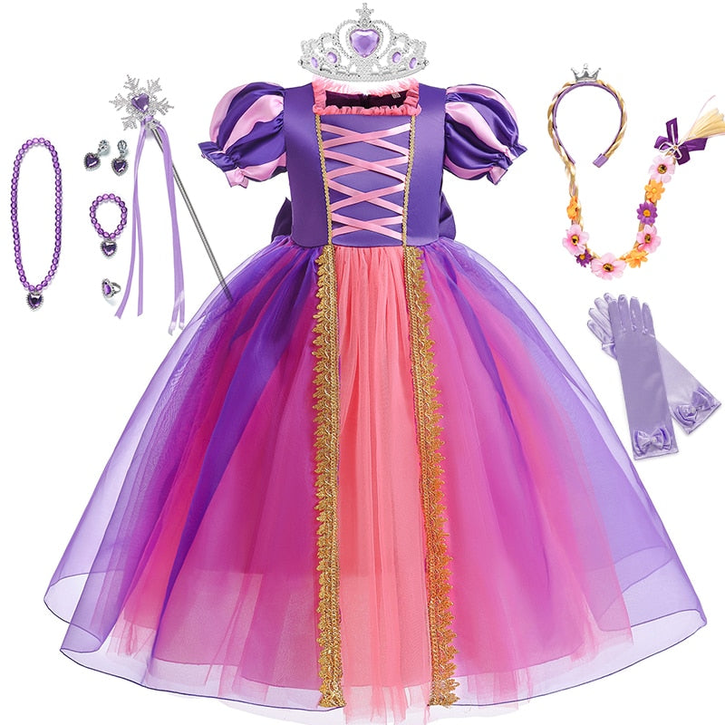 Disney Girls Cosplay Tangled Rapunzel Princess Dresses Kids Costume Fancy Purple Luxury Mesh Clothes Birthday Party Ball Gown