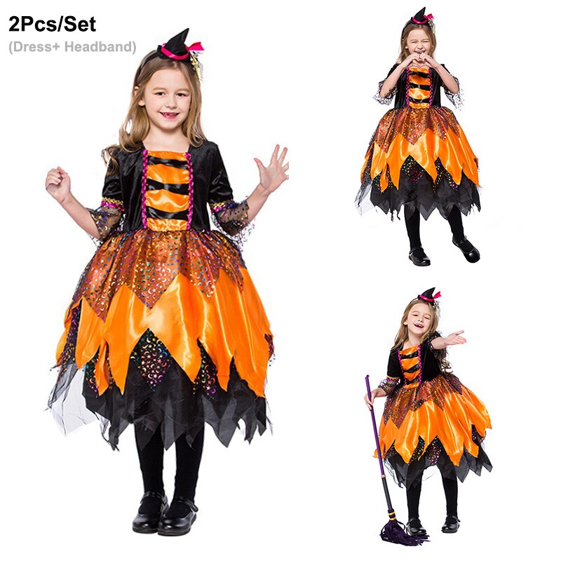 Halloween Masquerade Party Girls Purple Orange Green Witch Costume Hat Broom Props Child Carnival Stage Drama Performance Dress