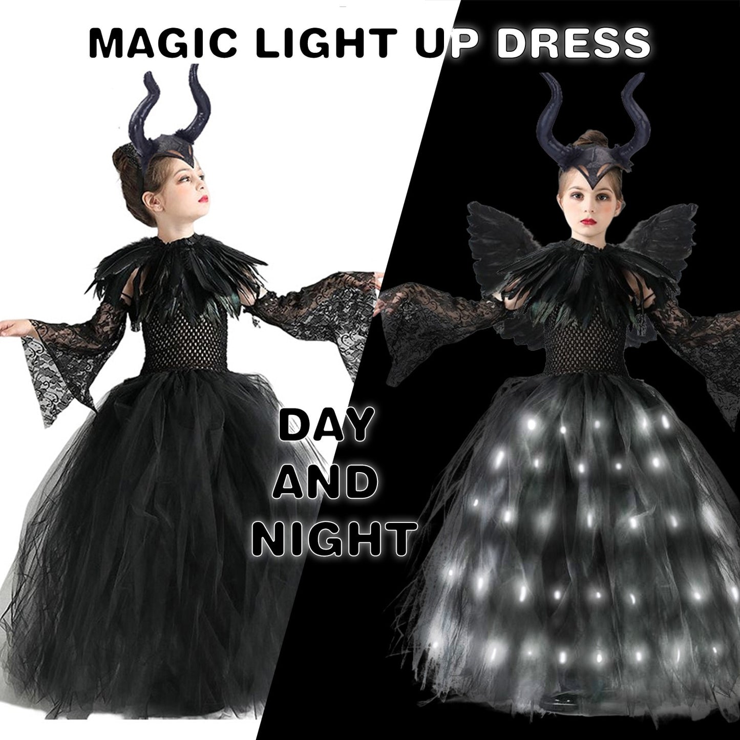 Disney Halloween Costume for Kids LED Light up Maleficent Tutu Dress For Girls Cosplay Evil Queen Black Mesh Princess Dress