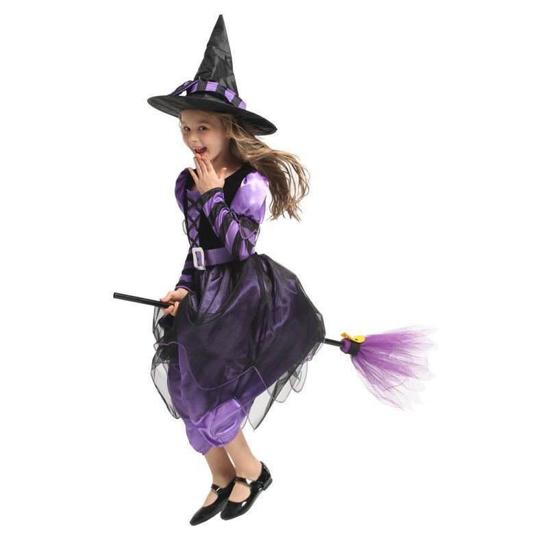 Girls Halloween Cosplay Witch Dress+Hat+belt Clothing Set