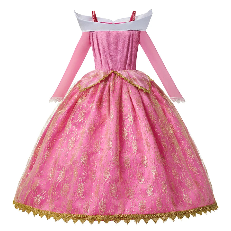 LED Girls Sleeping Beauty Cosplay Dress Aurora Princess Halloween Party Dress Kid Elegant Gown Floral Rose Print Sling Frocks