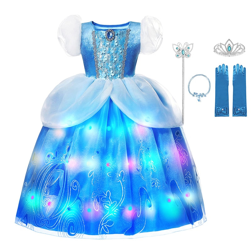 Disney Girls Little Mermaid Ariel Princess Dresses Led Light up Kids Costume Carnival Party Children Halloween Dress Up Clothes