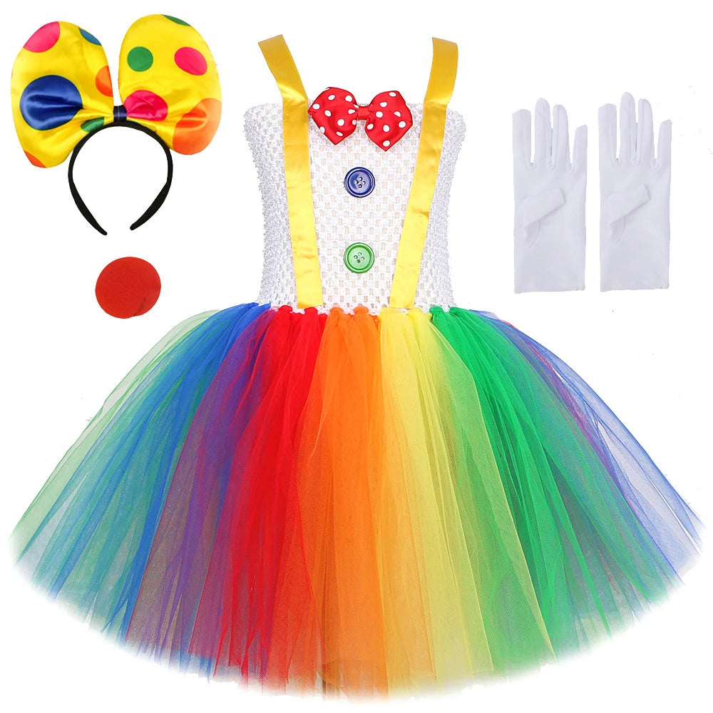 Rainbow Circus Clown Costume for Girls Funny Joker Halloween Tutu Dress for Kids Birthday Carnival Party Outfit Children Clothes