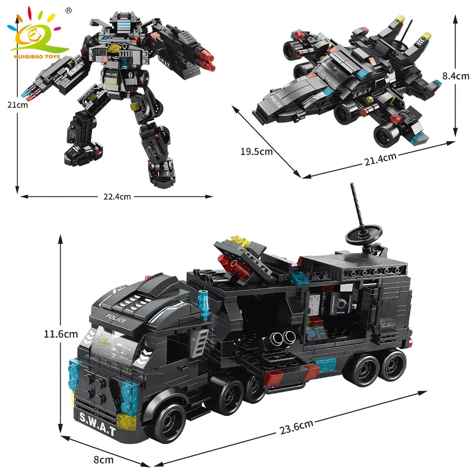 HUIQIBAO 454-585PCS 8in1 SWAT Police Command Truck Building Blocks City Helicopter Bricks Kit Educational Toys for Children