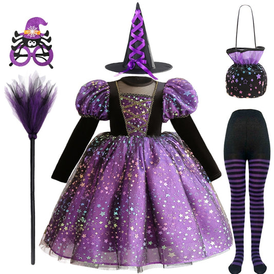 Luxury Winter Halloween Girls Purple Witch Costume Dresses with Props