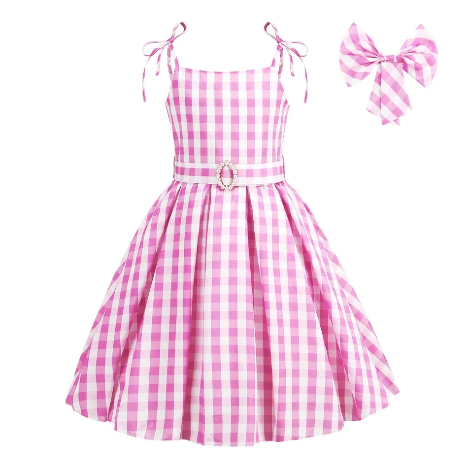 Barbi Girl Dress Princess Cosplay Costume Pink Plaid Beach Outfit Birthday Halloween Party Kids Dress