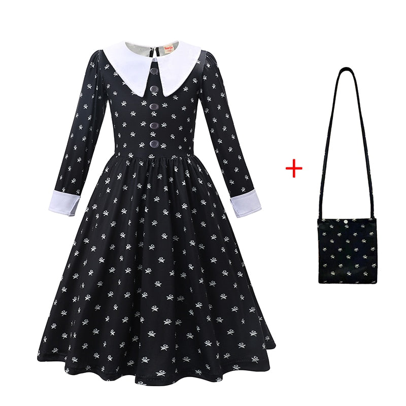 Character Wednesday Addams Girls Dresses Kids Cosplay Black Mesh Gothic Costumes Children Halloween Carnival Party Clothes 3-14T