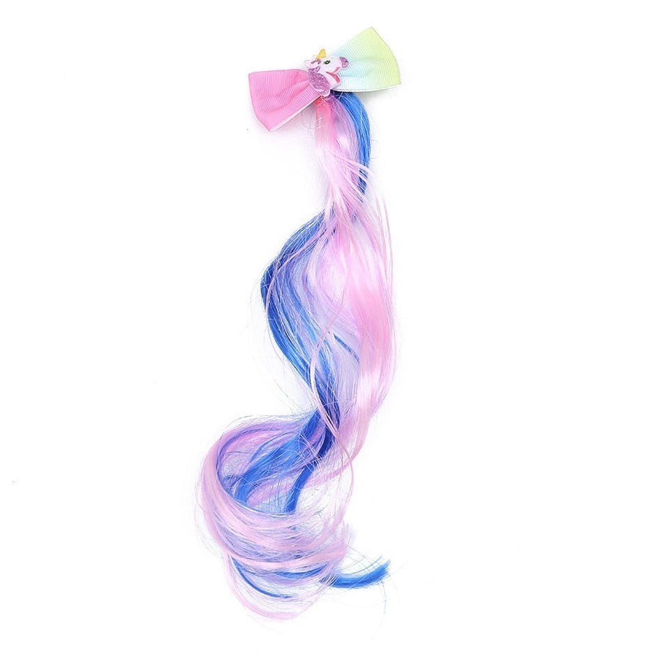 Kids Rainbow Hair Clips Unicorn Hair Extensions for Girls Children Ponytail Holder Baby Princess Barrettes Hair Bow Accessories 