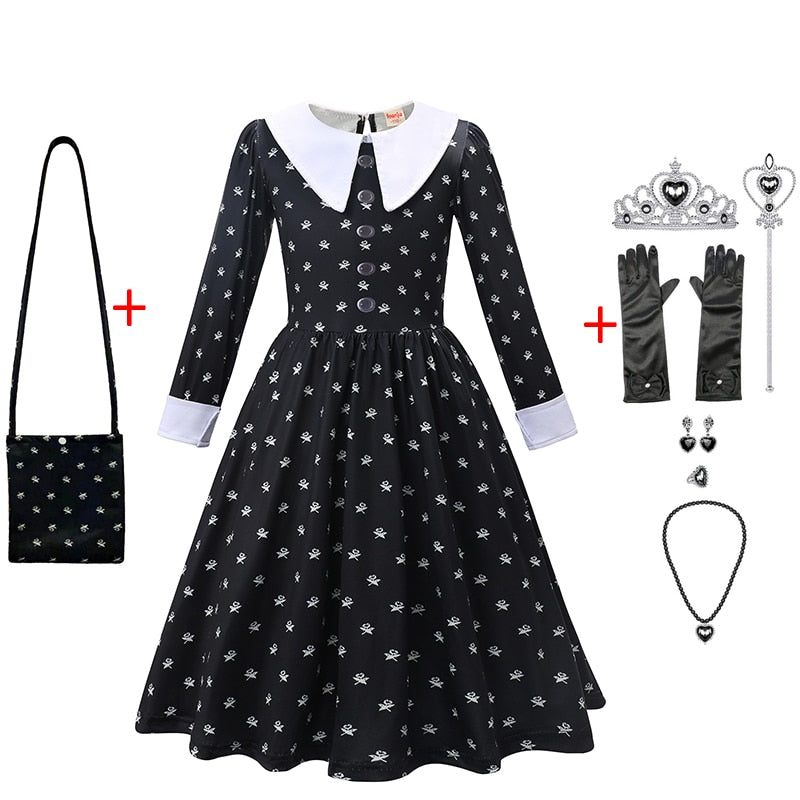 Character Wednesday Addams Girls Dresses Kids Cosplay Black Mesh Gothic Costumes Children Halloween Carnival Party Clothes 3-14T