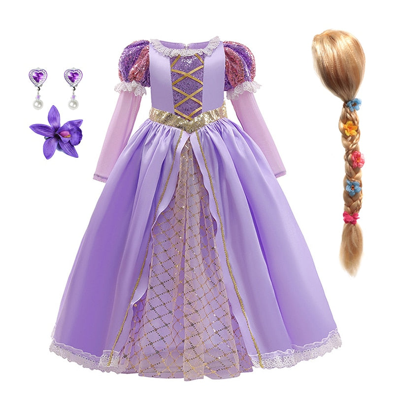 Disney Girls Cosplay Tangled Rapunzel Princess Dresses Kids Costume Fancy Purple Luxury Mesh Clothes Birthday Party Ball Gown