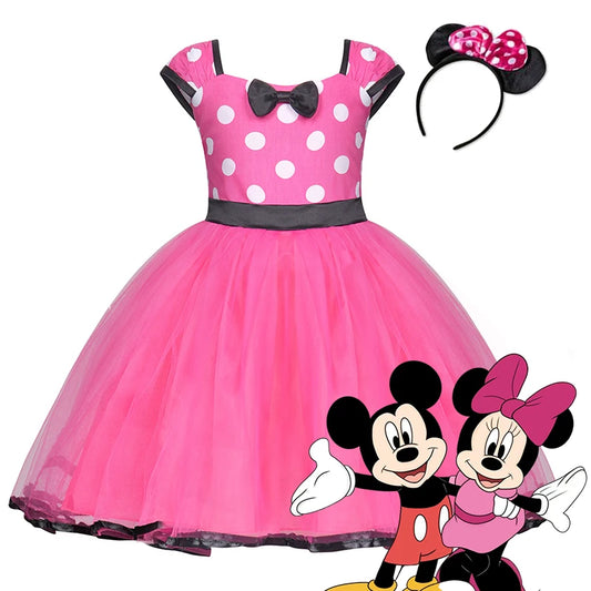 Cute Mickey Mouse Casual Polka Dots Dresses Kids Pink Donald Duck Cartoon Dress for Girls Kid Fashion Loose Summer Vestidos Robe